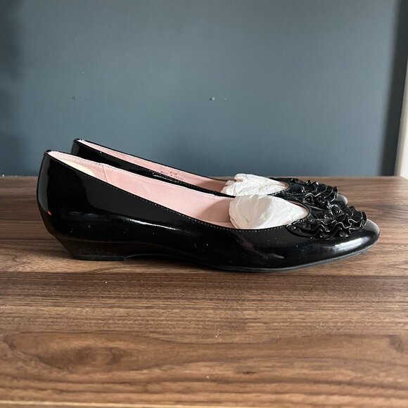 Vintage Black Patent Leather Ruffle Toe Flats - Picture 1 of 13